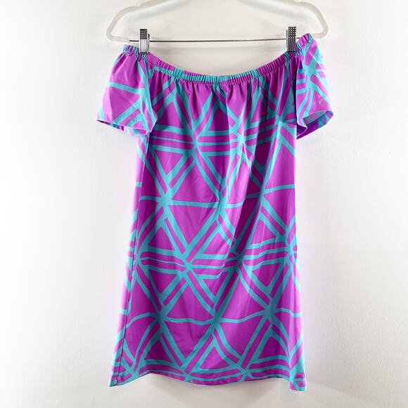 Mahi Gold Geometric Print Off-the-Shoulder A-Line Mini Dress Purple Pink XS - Picture 1 of 5